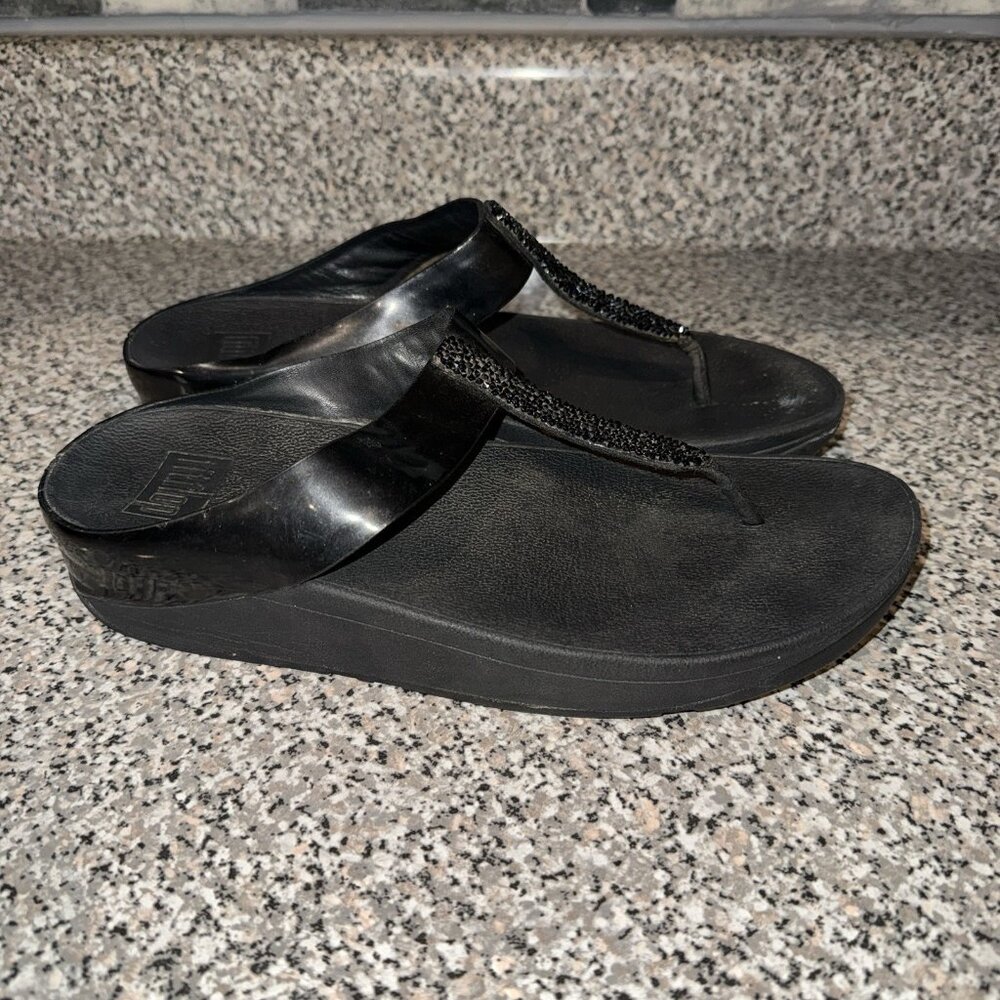 FITFLOP LULU Black Shimmer Glitzy Sequin Wedge Thong‎ Sandals Women's Size 9 - Picture 3 of 6